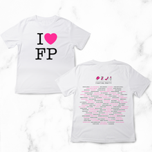 Load image into Gallery viewer, I Heart FP - 10th Anniversary T-Shirt with sponsored names on back of shirt
